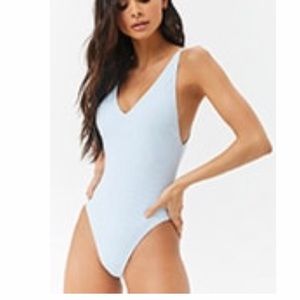 Baby Blue Ribbed High-leg One-piece Swimsuit